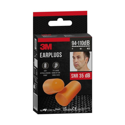 A black and red box from 3M Deutschland GmbH shows orange 3M™ Earplugs 1100 soft foam, product info, a small photo of a man, and highlights the SNR value 35 dB for noise levels from 94-110 dB.