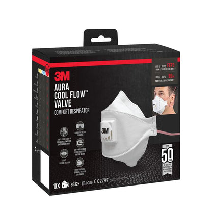 A box with 10 3M™ Aura™ Comfort Cool Flow™ Particulate Respirator 9332+ FFP3 from 3M Germany GmbH, featuring an image of the mask, a person wearing it, and details on protection and comfort with a valve for easier breathing.