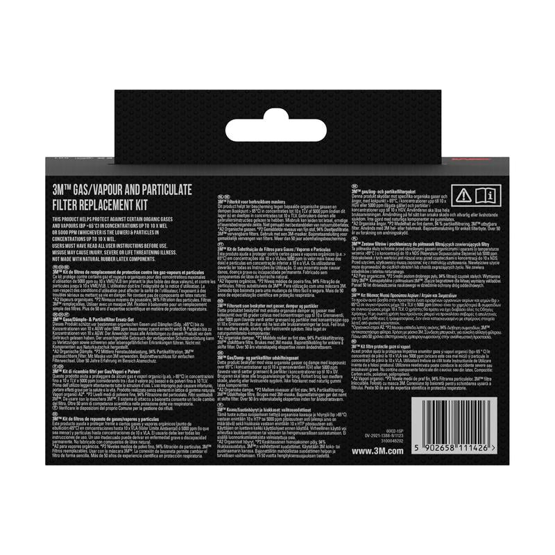 Rear view of a 3M™ Filter Set 6002-1, A2P2 organic vapors (2x6055, 2x5925, 2x501) | Package (1 piece) from 3M Deutschland GmbH, with product details, instructions, and warnings about organic vapors in multiple languages.