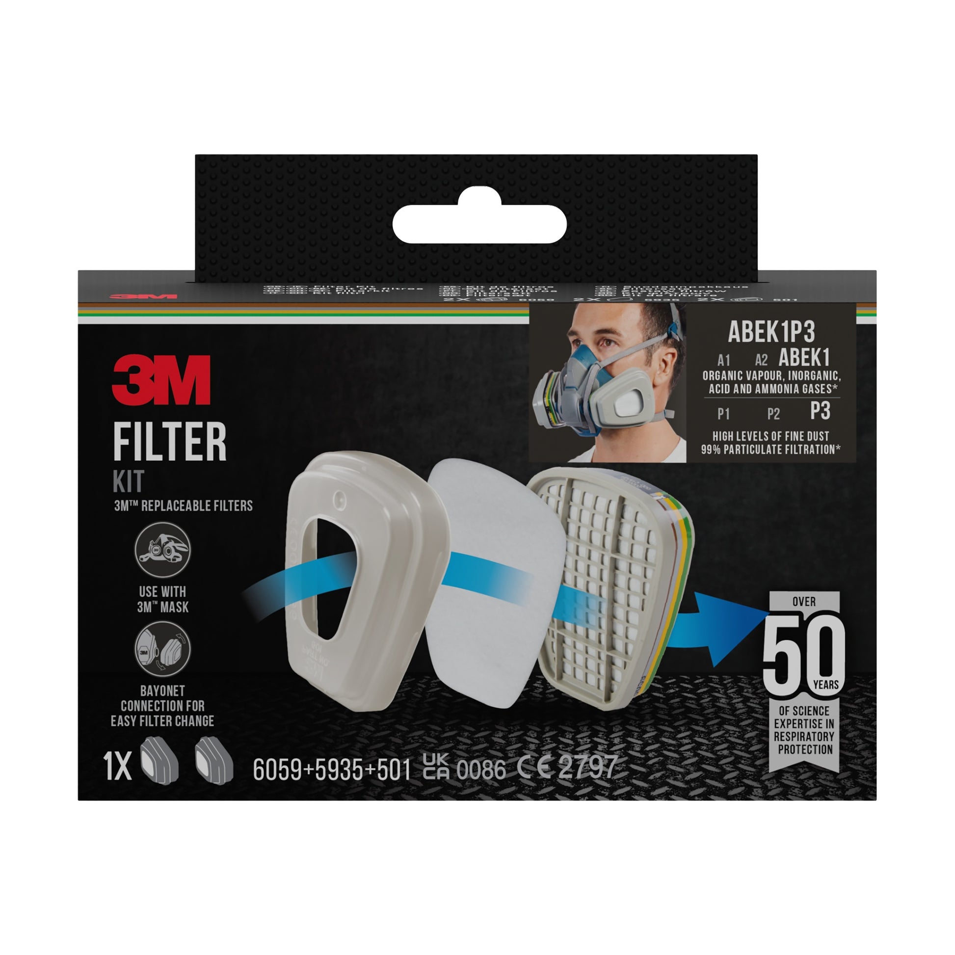 Der 3M™ Filtersatz 6004-1SP ABEK1P3 Kombinationsfilter (2x6059, 2x5935, 2x501) von 3M Deutschland GmbH bietet fachgerechten Atemschutz mit einer Atemschutzmaske, zwei Weißfiltern und einer Filterabdeckung, die über 50 Jahre Schutz bietet.