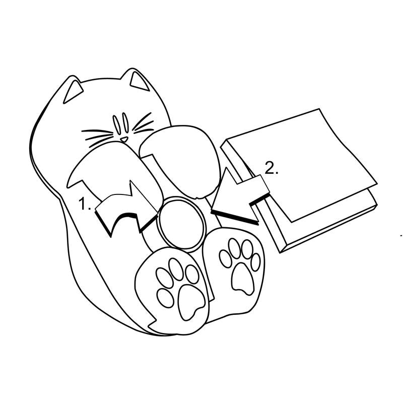 Line drawing of a white Post-it® Z-Notes Dispenser in cat shape from 3M Deutschland GmbH, labeled with "1", holding a round object, with an arrow pointing right to folded pink Post-it® Super Sticky Z-Notes, labeled with "2".