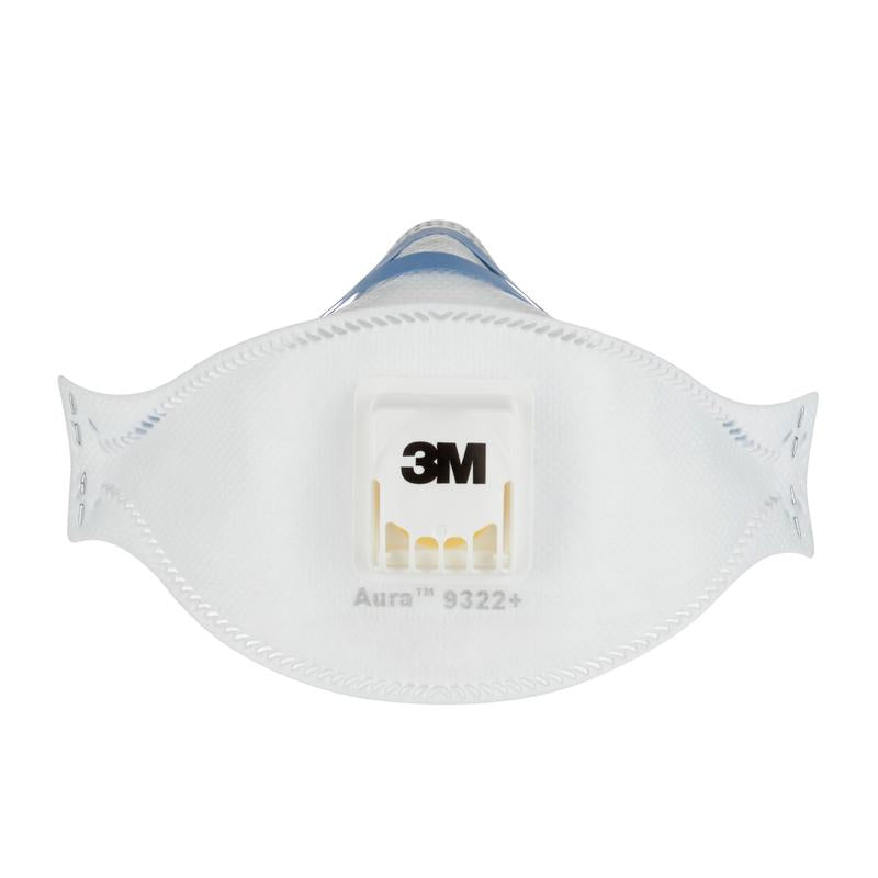 Depicted is a 3M™ Aura™ Comfort Cool Flow™ Particulate Respirator 9322+, FFP2, with valve from 3M Deutschland GmbH with central valve and visible branding, photographed against a simple white background.