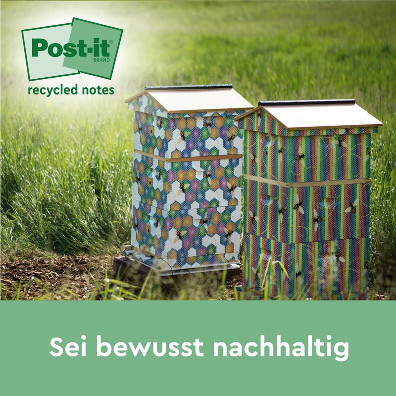 Two colorful beehives stand in a meadow in the sunlight. The logo of 3M Deutschland GmbH Post-it® Super Sticky 100% Recycling Notes appears at the top left. Below is the text "Be consciously sustainable".
