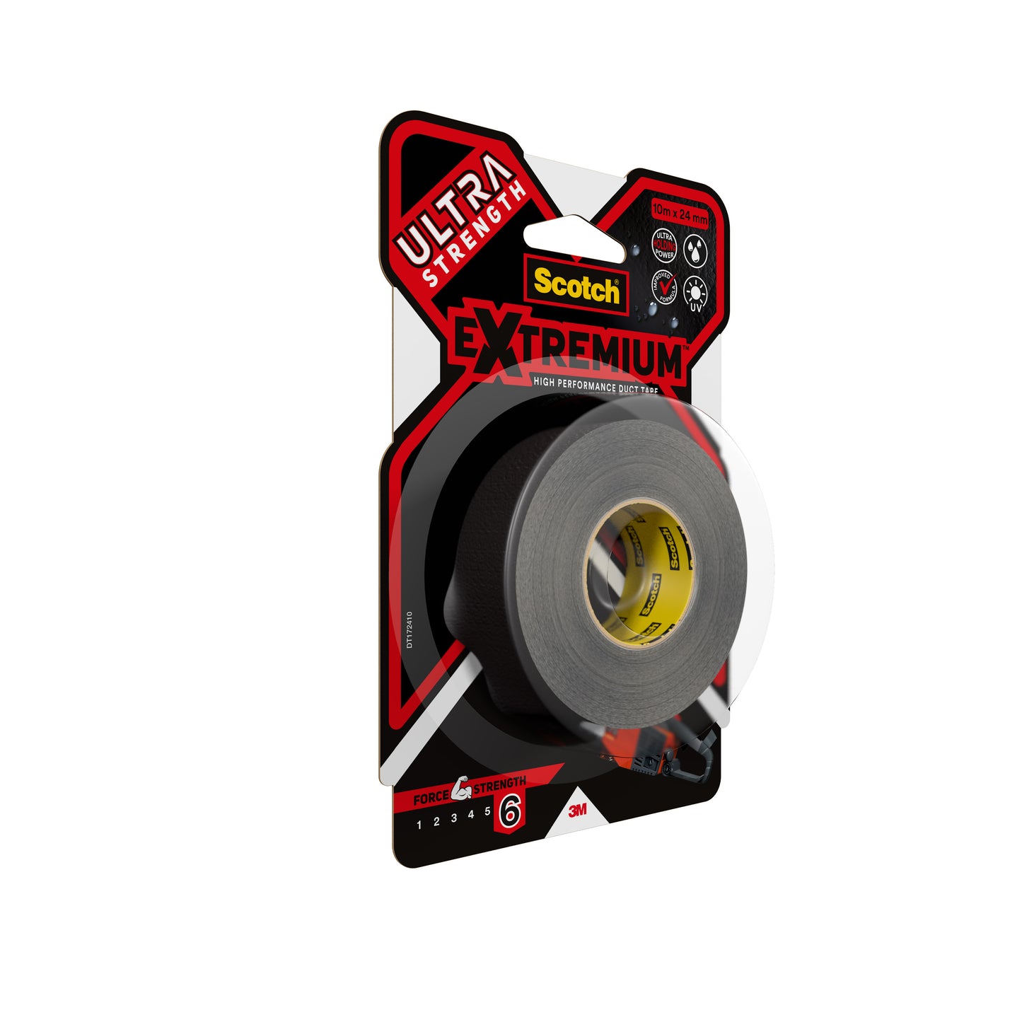 A roll of 3M Scotch® Extremium™ Ultra High Performance Tape DT17 (10 m x 24 mm) in black, packaged with red, black, and yellow branding, highlighting the power level 6 for extreme demands. The package contains 1 roll.