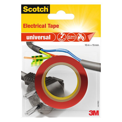 A package of Scotch® universal insulating tape, 10 m x 15 mm (1 roll), from 3M Deutschland GmbH, with red tape over a power plug and exposed cables. The packaging features the Scotch and 3M logos.