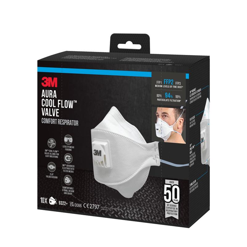A box of 3M™ Aura™ Comfort Cool Flow™ Particulate Respirator 9322+, FFP2, with valve from 3M Deutschland GmbH, featuring an image of the white respirator, the valve construction, and the protection level on the packaging.