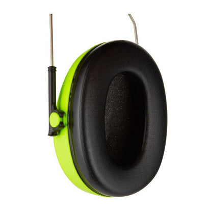 A close-up of the 3M™ PELTOR™ earmuff for children from 3M Deutschland GmbH, a black and neon yellow hearing protection with a metal band, isolated on a white background.