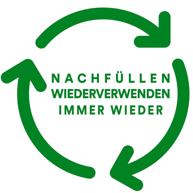 Three green arrows circle the German text "Refill Reuse Again and Again" - ideal for office supplies like the Scotch™ Desktop Dispenser C18, Black + Scotch® Magic™ Invisible Tape (3M Deutschland GmbH).