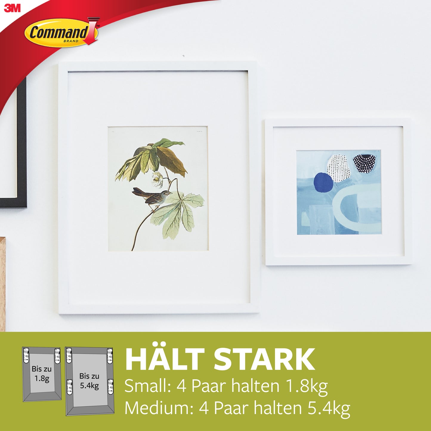 Two framed pictures hang on a light blue wall. The text promotes 3M Command™ small and medium-sized Picture Hanging Strips, value pack, 17203, for easy mounting without nails and explains the weight limits in German.
