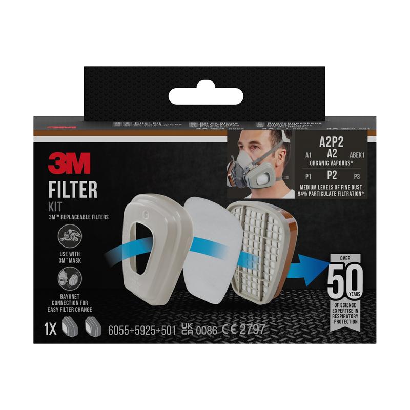 The 3M™ Filter Set 6002-1, A2P2 organic vapors (2x6055, 2x5925, 2x501) | Package (1 piece) from 3M Deutschland GmbH features packaging with images of the filter assembly and the respirator mask, as well as information on filtration levels and compatibility.