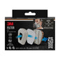 The 3M™ Filter Set 6002-1, A2P2 organic vapors (2x6055, 2x5925, 2x501) | Package (1 piece) from 3M Deutschland GmbH features packaging with images of the filter assembly and the respirator mask, as well as information on filtration levels and compatibility.