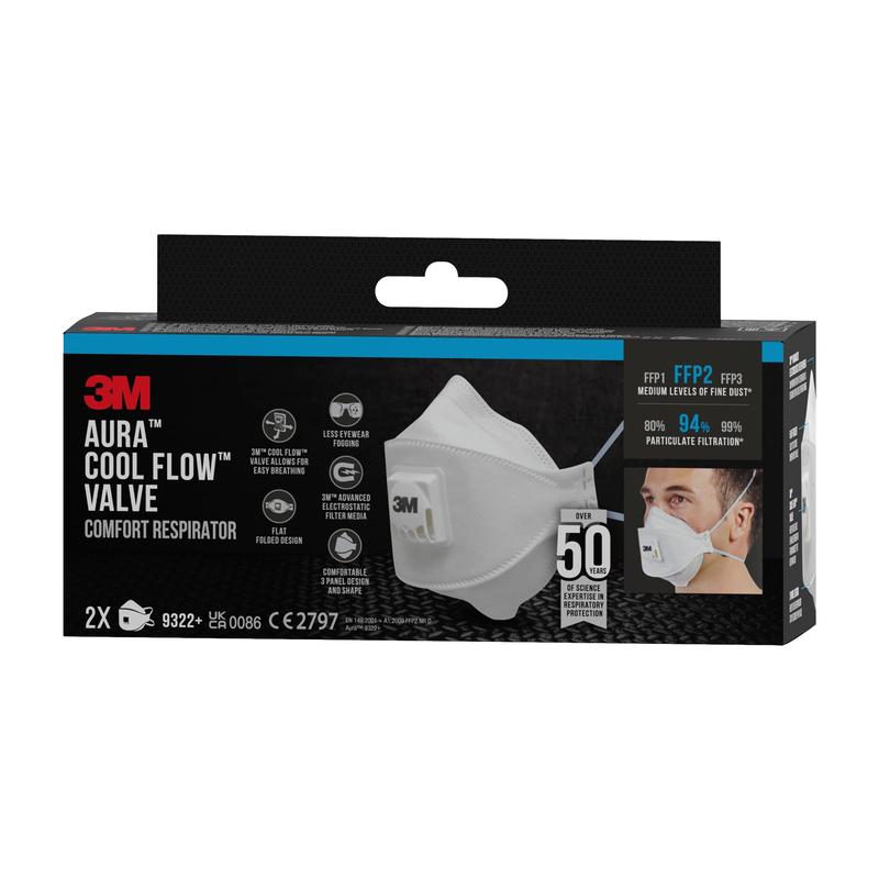 A black box with blue and white accents shows the 3M™ Aura™ Comfort Cool Flow™ Particulate Respirator 9322+, FFP2, with valve from 3M Deutschland GmbH with a mask image, product details, filtration rate, and symbols for 2 masks per box.