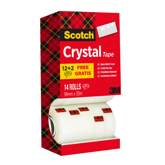 Das Scotch® Crystal Klebeband Vorteilspack von 3M Deutschland GmbH enthält 14 Rollen (19 mm x 33 m) und bietet "12+2 Gratis" in einer Box mit rotem Tartan-Design.