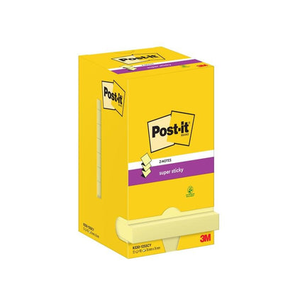 A yellow, rectangular box with Post-it® Super Sticky Z-Notes (76 x 76 mm, yellow) from 3M Deutschland GmbH holds 12 blocks with 90 sheets each, shows the logo and product details, and features a pull-out bottom dispenser.