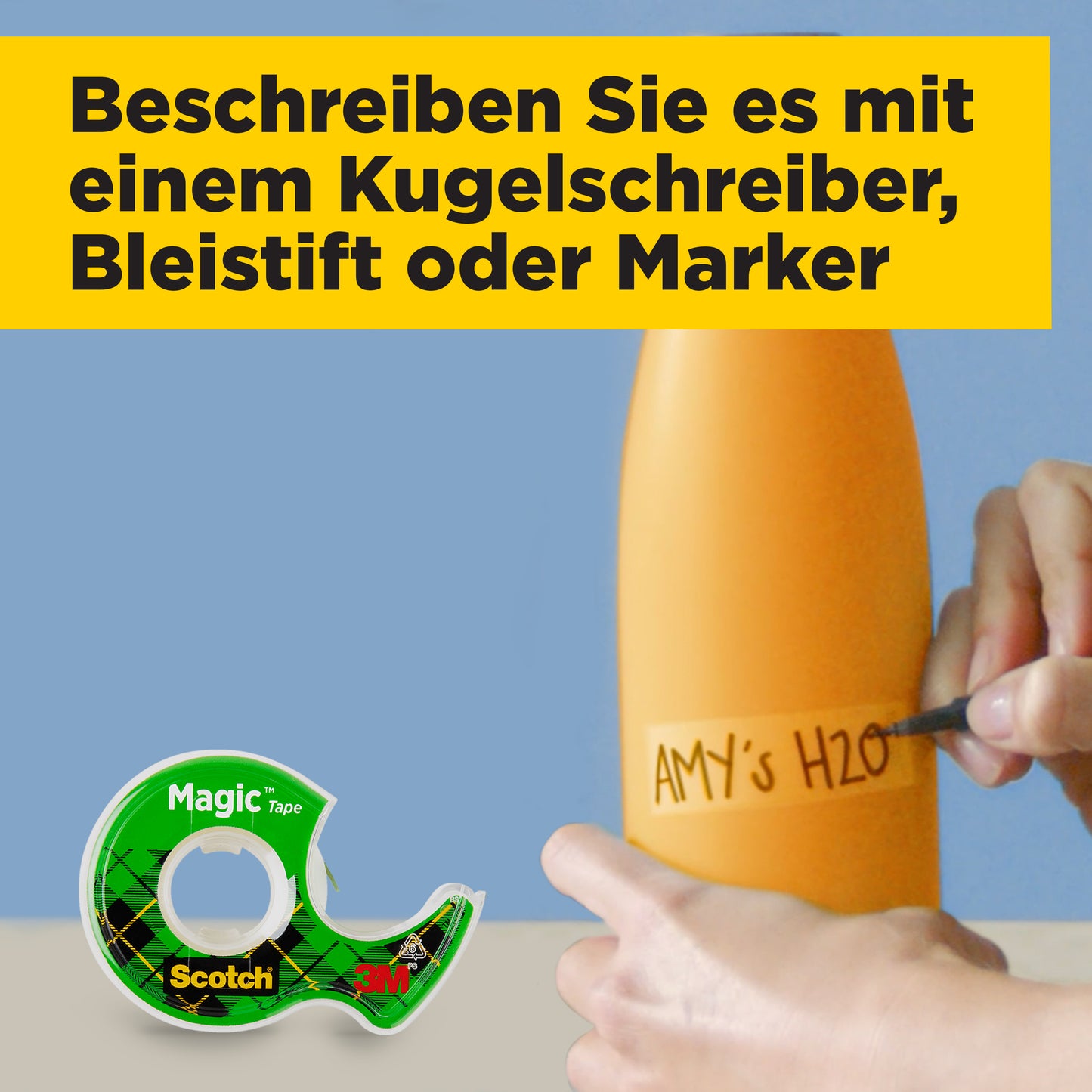 A hand labels an orange bottle with "AMY'S H2O" while holding a black pen. In the foreground is the Scotch® Magic™ Invisible Tape 8-1915R3/2 from 3M Deutschland GmbH - promotional pack with 2 rolls + 1 FREE roll.