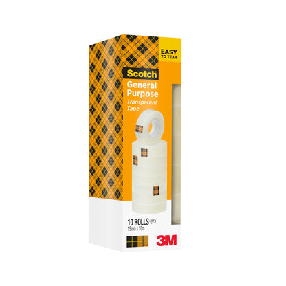 Eine Packung mit 10 Rollen Scotch® 508 Transparentes Klebeband (15 mm x 10 m) von 3M Deutschland GmbH wird in einer gelb karierten Kartonschachtel mit dem Aufkleber "Easy to Tear" geliefert.