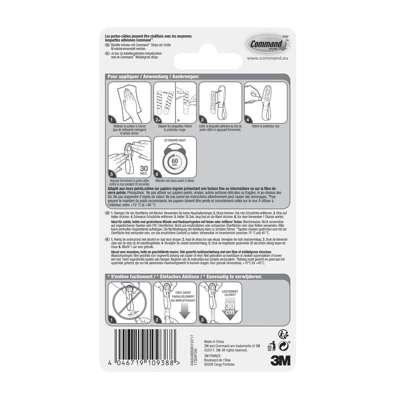The Command™ Cable Holders, 17304-FR packaging from 3M Deutschland GmbH contains instructions in French, German, and Dutch for attaching and removing adhesive hooks with illustrations for cable organization and product details at the bottom.