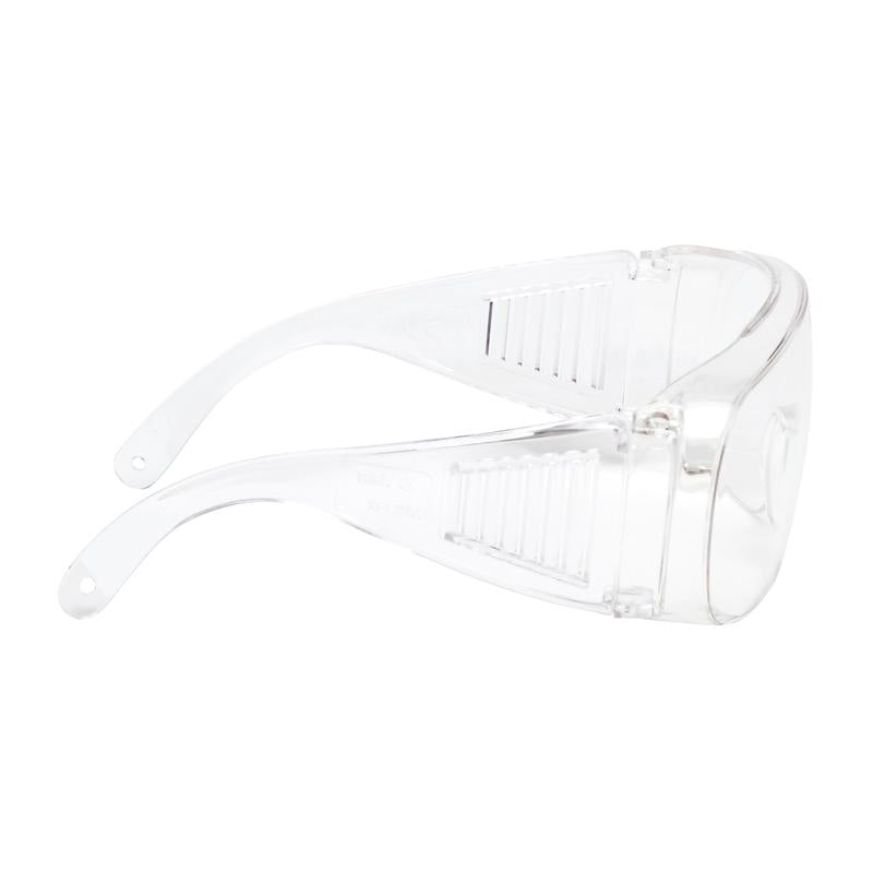 The 3M™ Visitor Overglasses from 3M Deutschland GmbH are seen from the side. They have a transparent, wraparound design, side shields for additional protection, and two arms with holes at the ends for attaching a strap.