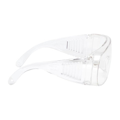 The 3M™ Visitor Overglasses from 3M Deutschland GmbH are seen from the side. They have a transparent, wraparound design, side shields for additional protection, and two arms with holes at the ends for attaching a strap.