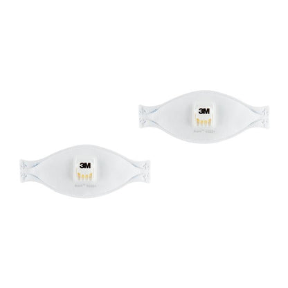 Two 3M™ Aura™ Comfort Cool Flow™ Particulate Respirators 9322+ FFP2 with valve from 3M Deutschland GmbH lie on a white background. They each feature a central rectangular valve with the 3M logo.