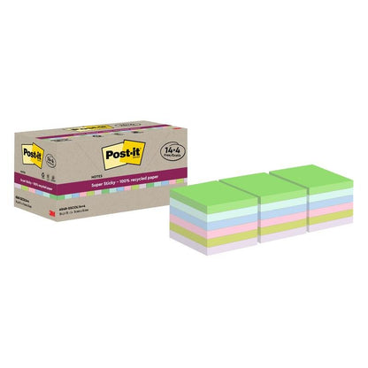 A box of Post-it® Super Sticky 100% Recycling Notes by 3M Deutschland GmbH (76 mm x 76 mm, 70 sheets/block, PEFC certified) is depicted next to five colorful stacks on a white background.