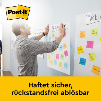A man presses a sheet of paper with colorful Post-it notes against a wall, presenting the 3M Deutschland GmbH Post-it® Super Sticky self-adhesive Meeting Chart/Flipchart for wall mounting 566 (58.4 x 50.8 cm, 20 sheets, 2 blocks, incl. Command™ strips).