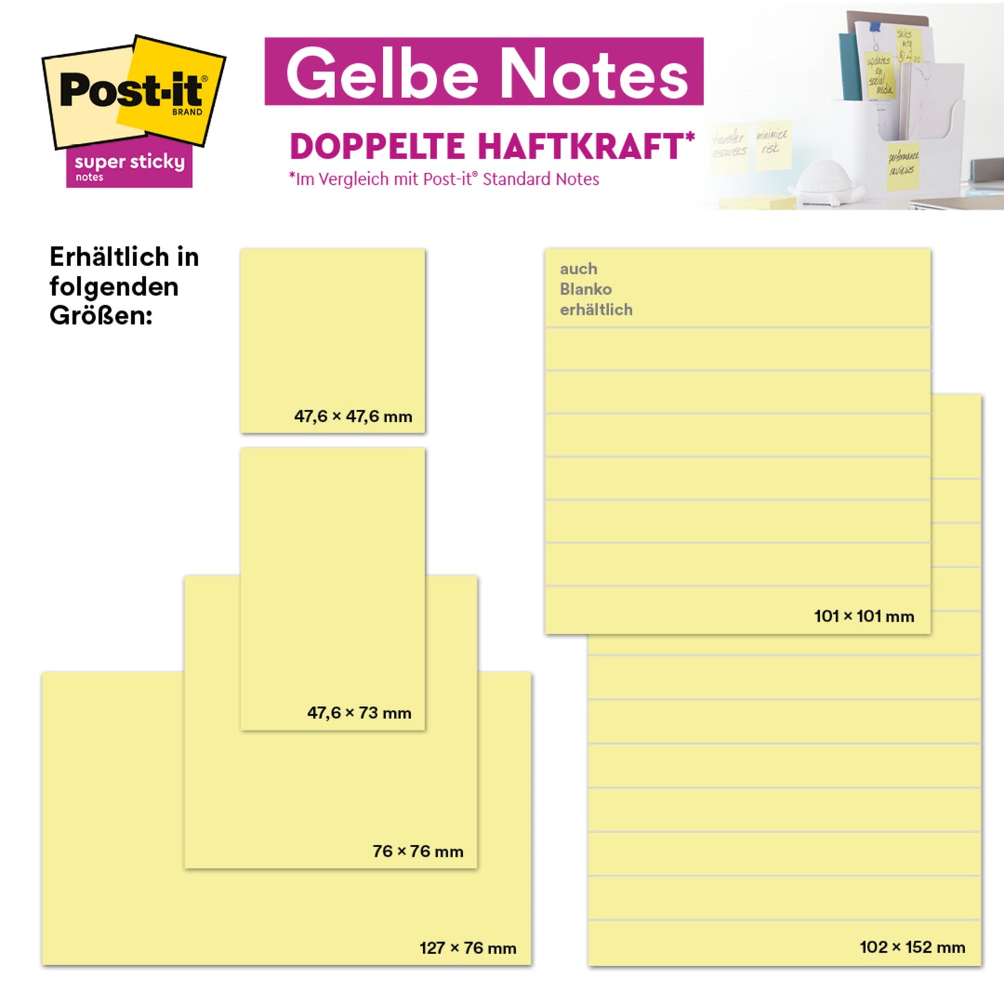 Eine Grafik zeigt Post-it® Notes der 3M Deutschland GmbH in gelb (76 x 127 mm, 100 Blatt/Block, 18+6 frei/Pack), verpackt im Karton, PEFC-zertifiziert (SGSCH-PEFC-COC-110078), erhältlich als Einzelpackung.