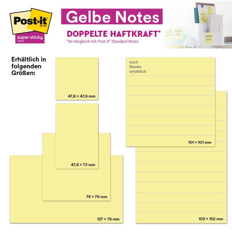 An advertisement for Post-it® Super Sticky Notes by 3M Deutschland GmbH presents yellow sticky notes in the size 76 x 127 mm with 90 sheets per block and 24 blocks per carton, PEFC-certified and sustainably packaged.