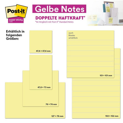 Advertisement for Post-it® Notes in yellow by 3M Deutschland GmbH: 38 x 51 mm, 100 sheets/block, pack of 16 blocks + 4 free (Promotion). Made from 100% PEFC certified paper (SGSCH-PEFC-COC-110078). Includes practical promotion pack.