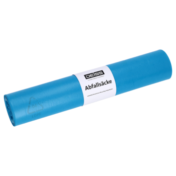 Pictured is a roll of blue DEISS 20001 garbage bags (700x1100 mm Type 100, 20 pieces) from EMIL DEISS KG (GmbH + Co.) with a white center label on a solid white background, highlighting robust garbage bags for efficient waste disposal.