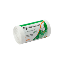 Eine weiße Rolle DEISS 36001 Müllsäcke der EMIL DEISS KG (GmbH + Co.) mit der Aufschrift "Müllbeutel" und dem Bild einer Hand, die einen der 225+225x520 mm großen Müllsäcke herauszieht; jede Rolle enthält 50 Stück.