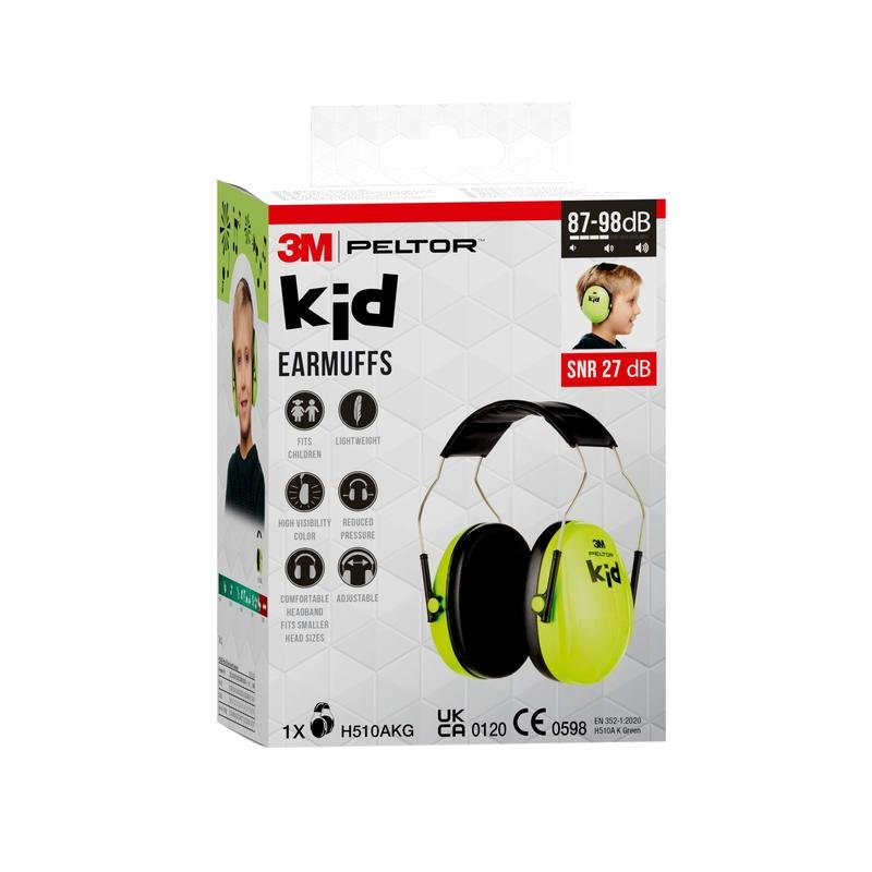 A box of 3M™ PELTOR™ earmuff for children from 3M Deutschland GmbH, showing a lime green earmuff for a child. The packaging emphasizes noise reduction, lightweight comfort, and suitability for children.