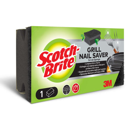 A rectangular box of Scotch-Brite® Grill Handle Sponge from 3M Deutschland GmbH, in the colors green, yellow, and black, shows product images and a text stating that it is ideal for grill cleaning and cleaning BBQ utensils; 1 piece per package.
