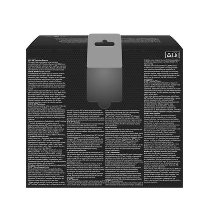 The image shows the back of a 3M™ Aura™ Comfort Cool Flow™ Particulate Respirator 9322+ FFP2 with valve box from 3M Deutschland GmbH. The black box has a gray hanging tab, white multilingual text in columns, and two symbols in the upper right corner.