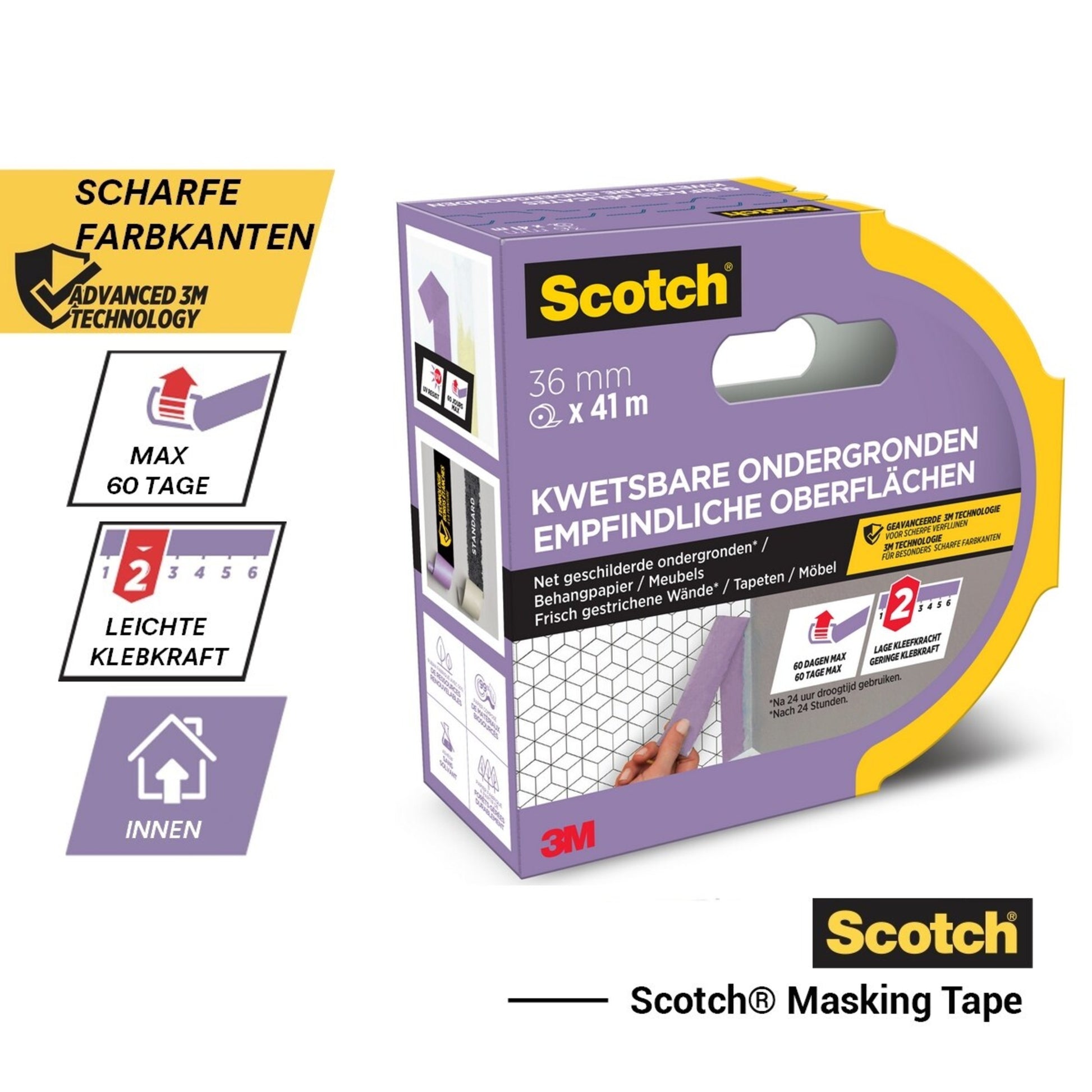 Scotch® Malerabdeckband von 3M Deutschland GmbH, 36 mm x 41 m, 1 Rolle/Packung, für empfindliche Oberflächen, geringe Klebkraft, scharfe Farbkanten, für Innenbereich; Verpackung mit Infos auf Deutsch/Niederländisch.