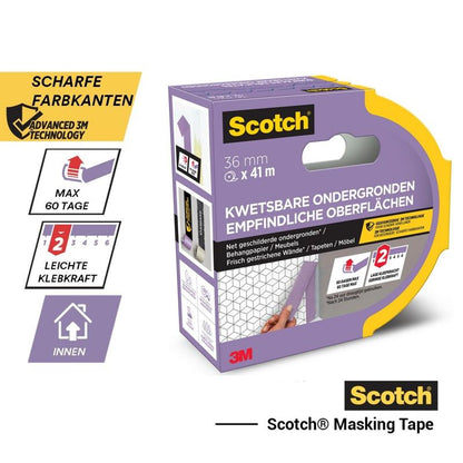 Scotch® painter's masking tape for delicate surfaces, 24 mm x 41 m, 1 roll/package, PEFC-certified (SGSCH-PEFC-COC-110078), with details in German/Dutch; light adhesion, for indoor use, 3M branding.