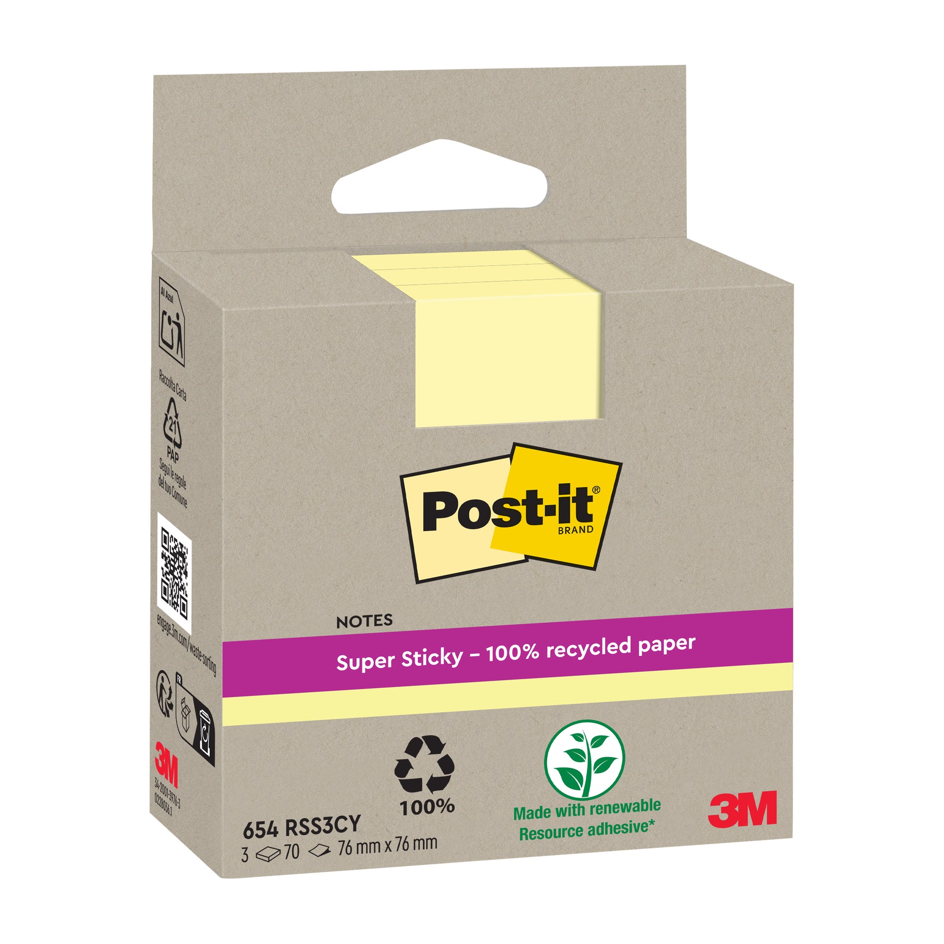 Eine Packung Post-it® Super Sticky 100% Recycling Notes (76x76mm, 70 Blatt/Block, 100% PEFC) von 3M Deutschland GmbH. Die braune Schachtel zeigt ein gelbes Post-it-Logo, ein Recycling-Symbol und ein grünes Symbol für erneuerbare Klebstoffe.