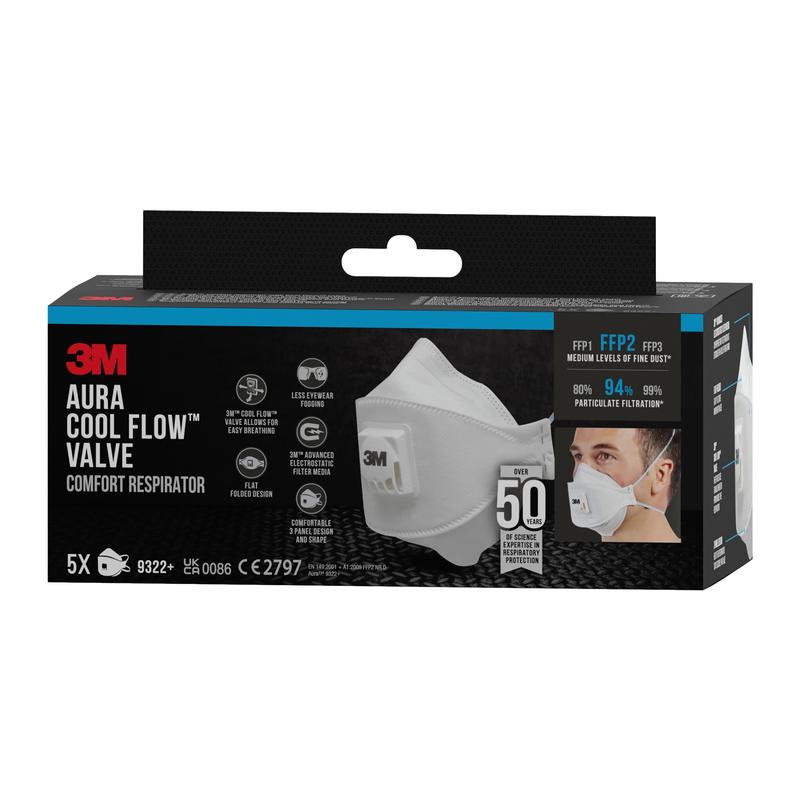 A black box of the 3M™ Aura™ Comfort Cool Flow™ Particulate Respirator 9322+, FFP2, with valve from 3M Deutschland GmbH, with an image of a person wearing the mask, and product details: 5 masks per pack, 94% particle filtration.