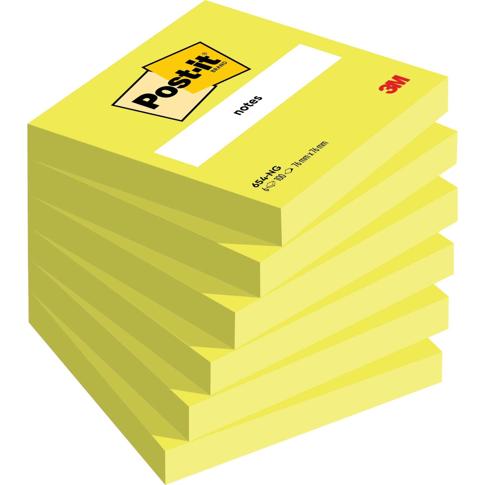 Abgebildet ist ein Stapel Post-it® Notes im Format 76 mm x 76 mm (100% PEFC, 100 Blatt/Block) der 3M Deutschland GmbH, wobei der oberste Block mit dem Post-it-Logo und Platz für Notizen versehen ist.