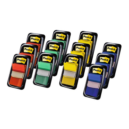 Twelve packs of 3M Deutschland GmbH Post-it® Index Tabs, Standard (25.4 x 43.2 mm), each with 10 dispensers plus 2 free, offer colorful tabs for efficient document organization - 50 tabs/dispenser in various colors.