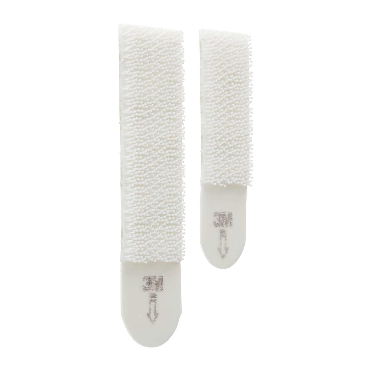 Two white 3M Command™ Picture Hanging Strips (small and medium, value pack, 17203) with textured hooks and the 3M logo. One strip is slightly shorter. Ideal for mounting without nails. From 3M Deutschland GmbH.