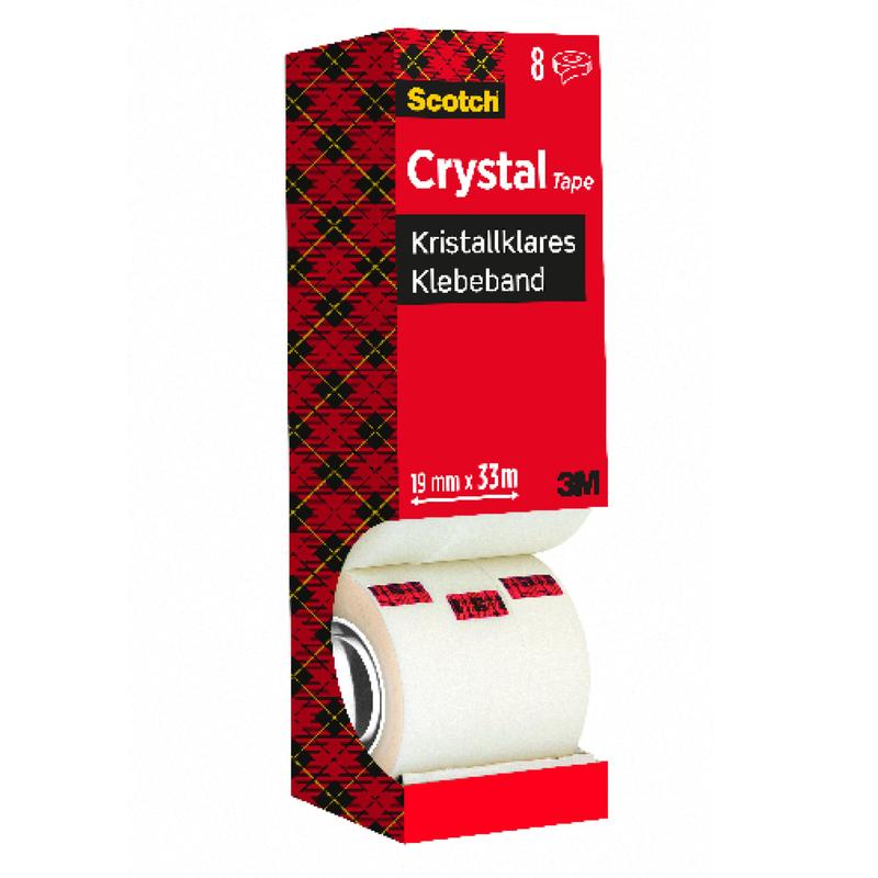 A value pack of 3M Deutschland GmbH Scotch® Crystal Tape, transparent, contains 8 rolls (19 mm x 33 m), with product information in German and English on a red checkered designed package. One roll is partially visible in the lower part of the package.