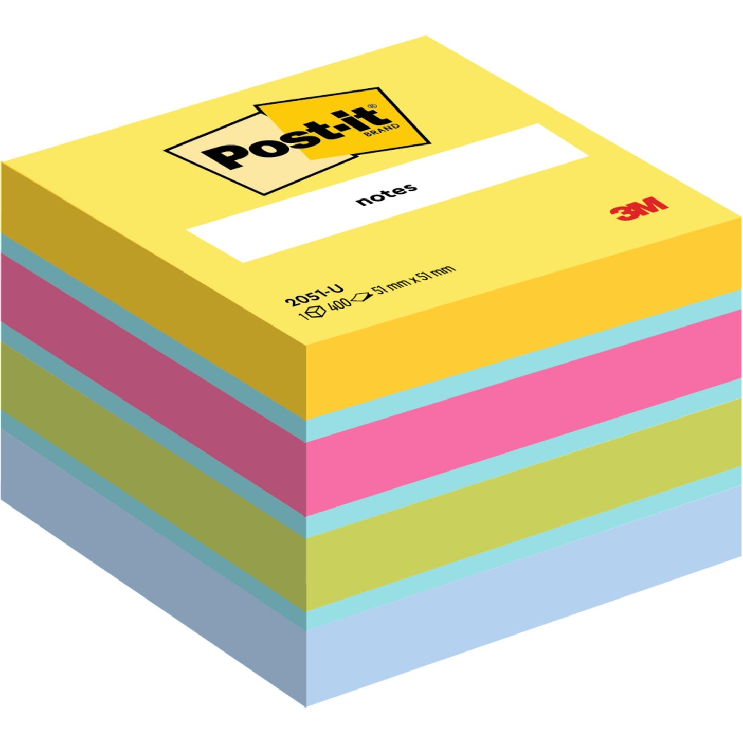 Ein Stapel Post-it® Notes Mini Würfel (51 mm x 51 mm, 400 Blatt/Block, 100% PEFC) in verschiedenen Farben. Auf dem oberen gelben Zettel sind das Branding der 3M Deutschland GmbH und die Produktangaben abgebildet.