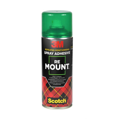 A 400 ml can of 3M™ Scotch® ReMount™ adhesive spray from 3M Deutschland GmbH, with a green cap and "Scotch" in yellow lettering. The design features a red/yellow checkered pattern at the bottom and is marked for temporary attachments.