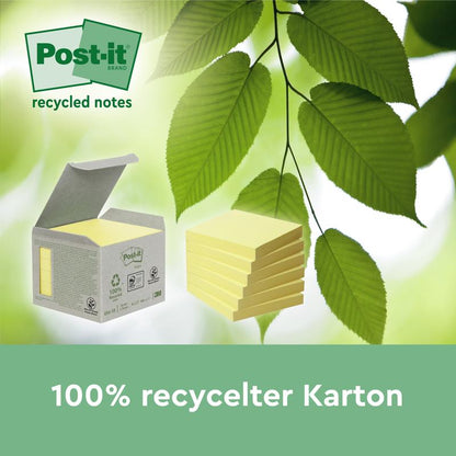 A box of Post-it® Super Sticky 100% Recycled Notes (76x76 mm, 70 sheets/block, 100% PEFC) from 3M Deutschland GmbH stands next to yellow sticky notes, behind which are green leaves. Text below: "100% recycled carton.