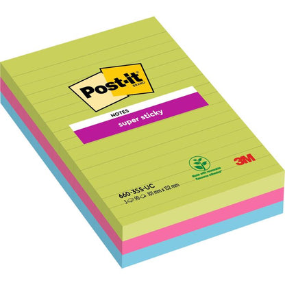 A pack of Post-it® Super Sticky Notes in large format from 3M Deutschland GmbH, lined, in various colors (101 mm x 152 mm, 90 sheets/block, 3 blocks), with 100% PEFC certification (SGSCH-PEFC-COC-110078).