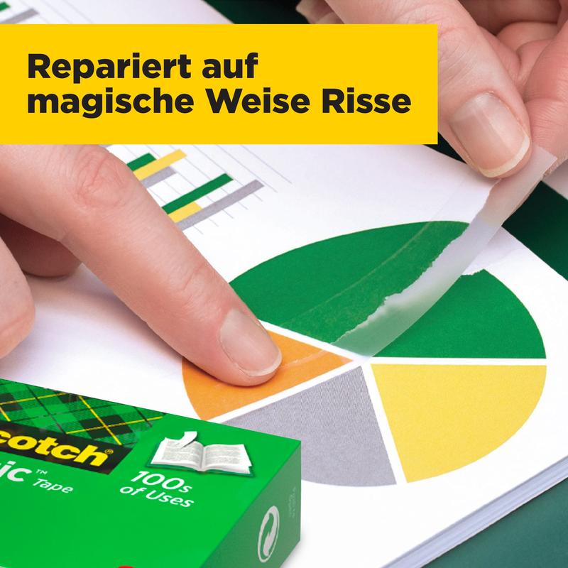 A hand repairs a tear in a color chart paper with Scotch® Magic™ Invisible Tape from 3M. A yellow note says: "Magically repairs tears." In the foreground is the value pack (24 rolls, 19 mm x 33 m).