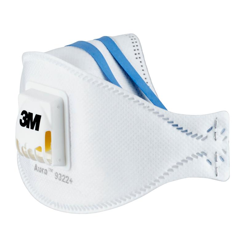 The 3M™ Aura™ Comfort Cool Flow™ Particulate Respirator 9322+, FFP2, from 3M Deutschland GmbH is a white disposable respirator mask with a blue strap and an exhalation valve on the front, shown against a plain background.
