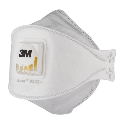 The 3M™ Aura™ Comfort Cool Flow™ Particulate Respirator 9332+, FFP3, with valve from 3M Deutschland GmbH is white with a yellow valve, features a multi-layer construction and visible seams, and is designed to fit securely over the nose and mouth.