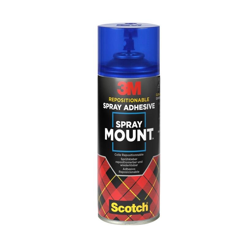 A 400 ml can of 3M™ Scotch® SprayMount™ Adhesive Spray from 3M Deutschland GmbH - perfect for crafts - comes in a package with a blue cap, black label, and the distinctive checkered design with the Scotch brand logo.